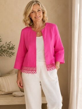 Punt Roma 100% Linen Pink Open Front Jacket Blazer Lace Trim Size 10